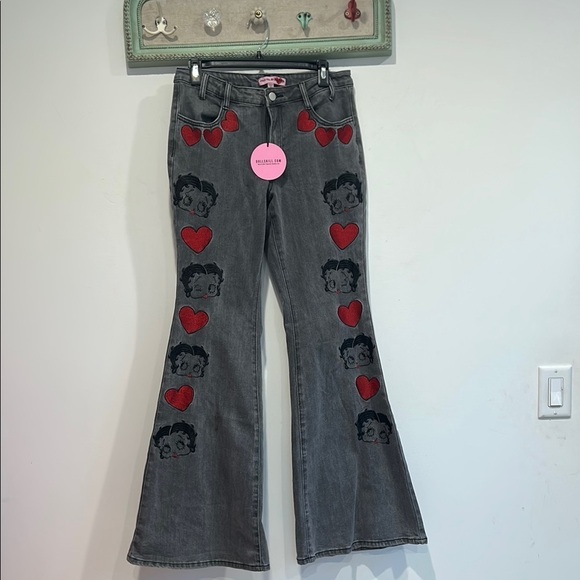 Dolls kill x Betty boop grey flare leg embroidered jeans women’s size medium new - Picture 1 of 6
